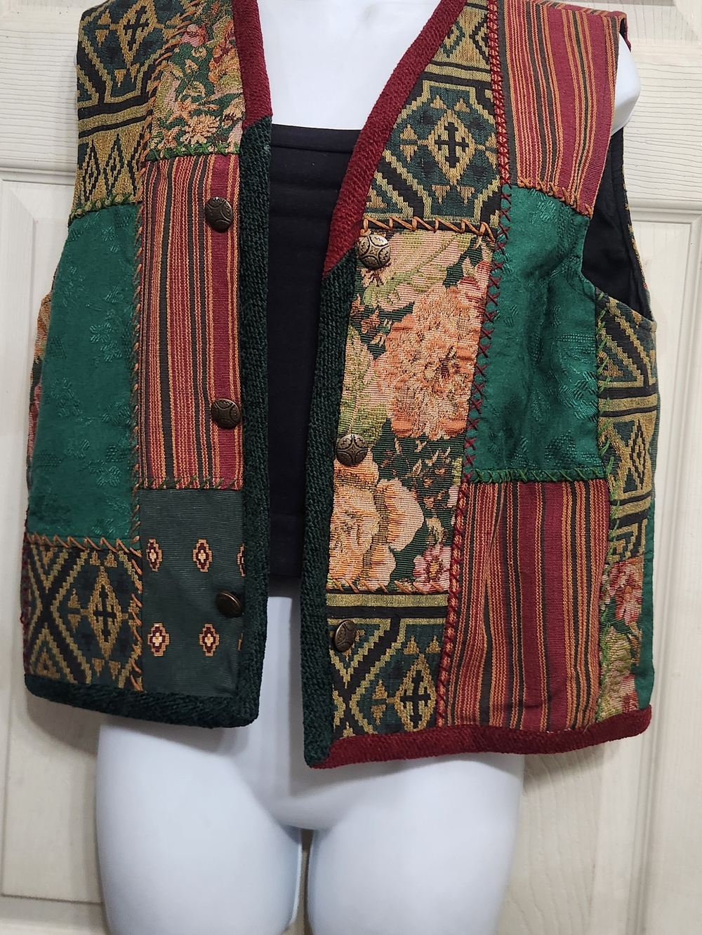 Vintage-Inspired Patchwork Vest in Green and Burgundy